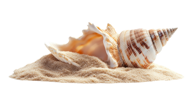 Two seashells rest on a pile of soft sand, showcasing natural beauty and summery vibes perfect for beach-themed designs or relaxing concepts.