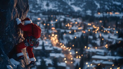 Santa's daring Christmas Eve climb! A breathtaking snowy peak, city lights twinkling below.  An unforgettable adventure!