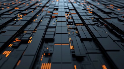 Obraz premium A digital abstract image with a grid-like pattern of dark blocks, illuminated by warm orange lights, creating a tech-inspired aesthetic.