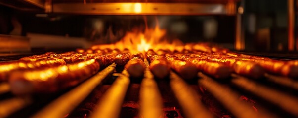 Sizzling sausages cooking over an open flame in a rustic grill