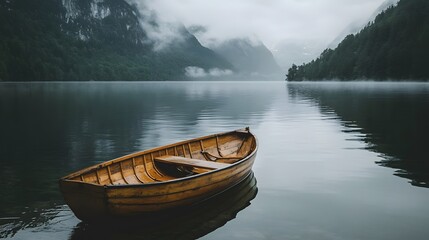 Misty lake, serene mountains, a lone wooden boat floats gently, reflecting tranquility.  A peaceful escape.