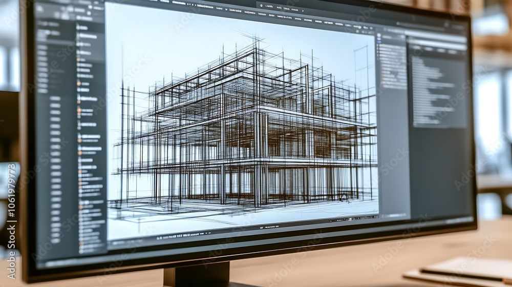 Aufkleber Digital Blueprint of Building Architecture Displayed on Desktop Monitor : Generative AI