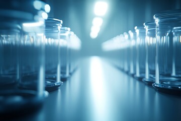 Fototapeta premium A dimly lit corridor lined with glass jars, creating a serene and mysterious atmosphere.
