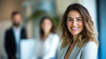 Fototapeta premium Real astate agent smiling with coworkers in background in office