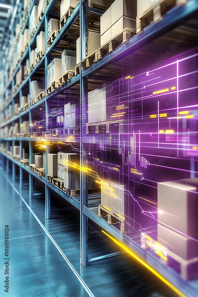 Poster smart warehouse with high-tech shelves and digital inventory insights : generative ai
