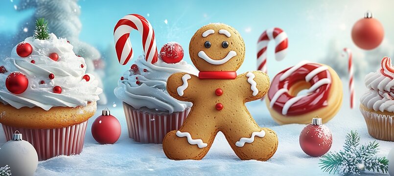 Gingerbread Man Surrounded by Cupcakes and Festive Decorations in a Christmas Setting : Generative AI