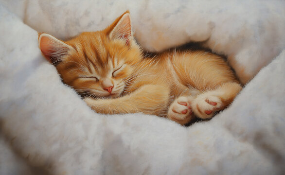 A sleeping ginger kitten curled up on a fluffy white blanket, evoking warmth and coziness.