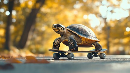 Turtle skateboarding on a road with autumn leaves in the background.