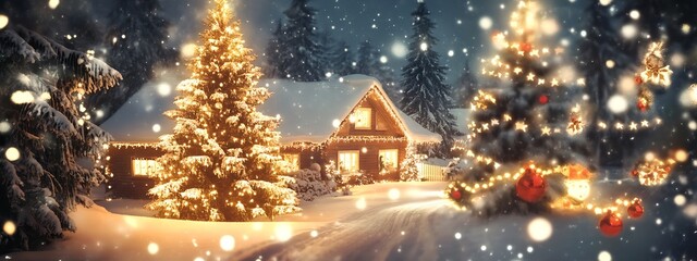 Obraz premium Charming Christmas Cottage in Snowy Woods with Illuminated Path and Trees : Generative AI