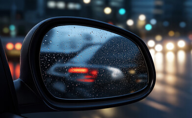  A rainy night view through a car side mirror, capturing the blurred lights of traffic in the background.