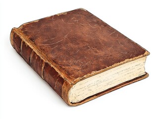 Obraz premium Old leather-bound book with worn cover and yellowed pages, white background.