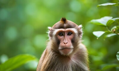 Portrait of a monkey. Close-up of a monkey resting against the backdrop of blooming nature