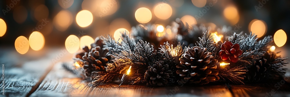 Poster festive pine cone christmas wreath with warm glowing lights on rustic wooden table background : gene