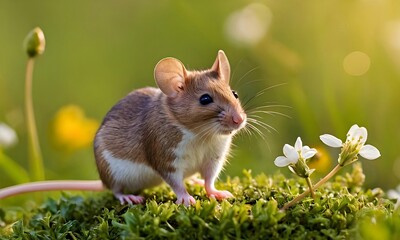 Portrait of a cute mouse. Close-up of a wood mouse resting against the backdrop of blooming nature