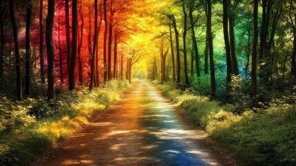 Fototapeta premium A Dreamlike Path Through a Forest of Colorful Neon Trees Illuminating Nature's Beauty on a Serene Day.