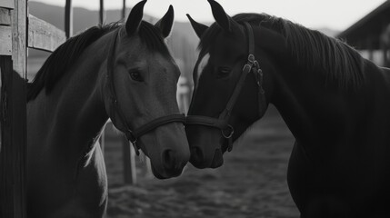 Obraz premium Horses Interacting in Black and White Photo
