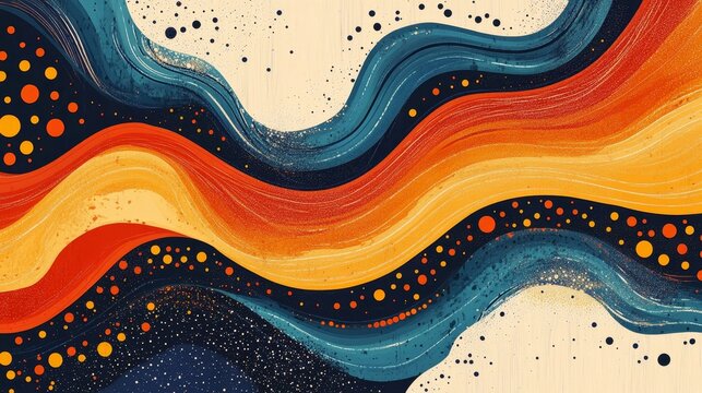 Abstract psychedelic grainy gradient background orange blue white abstract curve music cover poster design, Generative AI