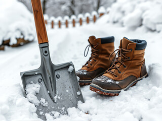 boots and shovel in the snow