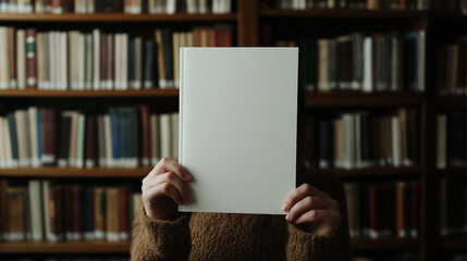 A woman holds a blank white sheet in front of her in a library, creating a space for customizable text or messages.