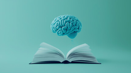A floating blue brain over an open book on a teal background, symbolizing knowledge, learning, and the power of the mind.