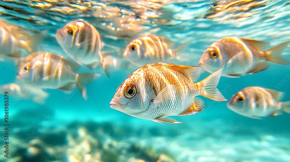 Poster Captivating Underwater Scene with School of Tropical Fish in Pristine Waters : Generative AI