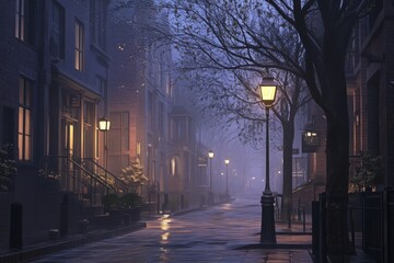 Serene twilight walk urban street enveloped in gentle mist and quiet ambiance