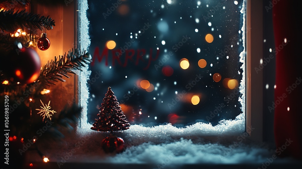 Aufkleber christmas scene with decorative tree and snowflakes through a cozy window : generative ai