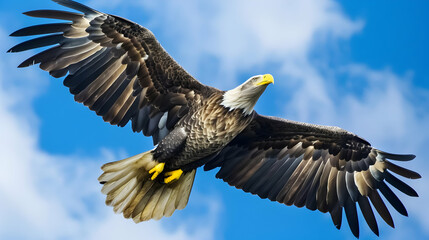 Obraz premium A majestic eagle soaring through a blue sky with outstretched wings.