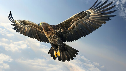 Obraz premium A majestic eagle soars through a bright sky, showcasing its powerful wings and sharp features.