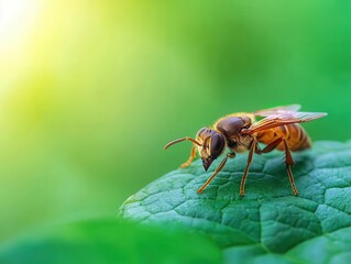 Wasp drinking water from leaf, closeup, high clarity on tongue and leaf texture, bright natural light, vibrant nature scene