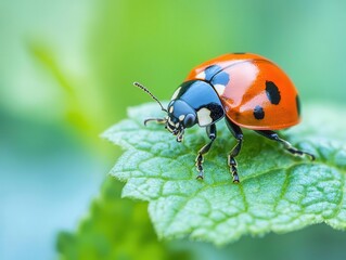 Fototapeta premium Ladybug emerging from foliage, rich detail on shell, natural soft light, bright colors, simplicity and beauty in nature