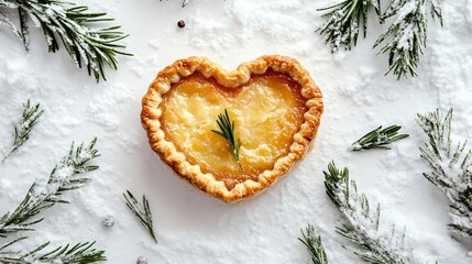 Mince pie with a heart-shaped crust design, isolated on a snow-white background with sprigs of...