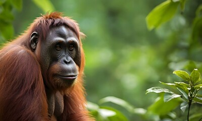 Portrait of a cute orangutan. Close-up of an orangutan relaxing against a blooming jungle backdrop