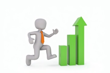 3d man red arrow success chart on white background.