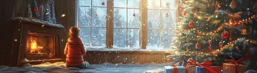 Family winter holiday traditions decorating a tree together in a cozy snowy setting