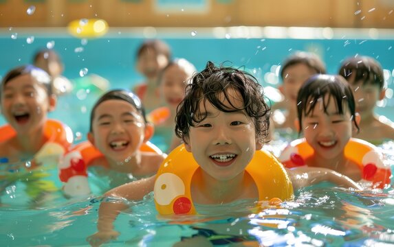 Happy Kids Enjoying Summer Fun in a Swimming Pool with Orange Swim Vests