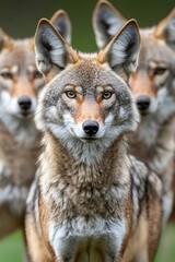 Naklejka premium A trio of coyotes stands closely together, showcasing their alert expressions and fur patterns.