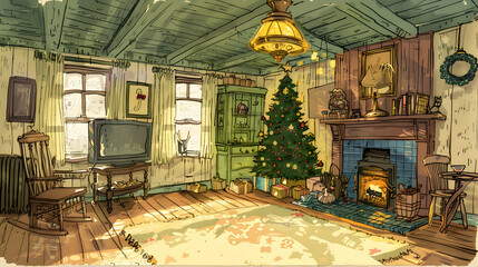 Obraz premium A cozy living room decorated for Christmas with a tree, gifts, and a warm fireplace.