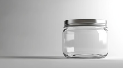 Empty Glass Jar with Silver Lid on Neutral Background