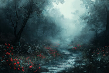 Path leading through dark foggy forest, mysterious ambience 