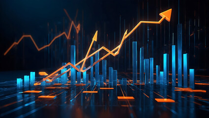 Naklejka premium Futuristic financial graph with glowing orange and blue elements, showcasing upward trends and data visualization. This dynamic representation symbolizes growth and progress in finance
