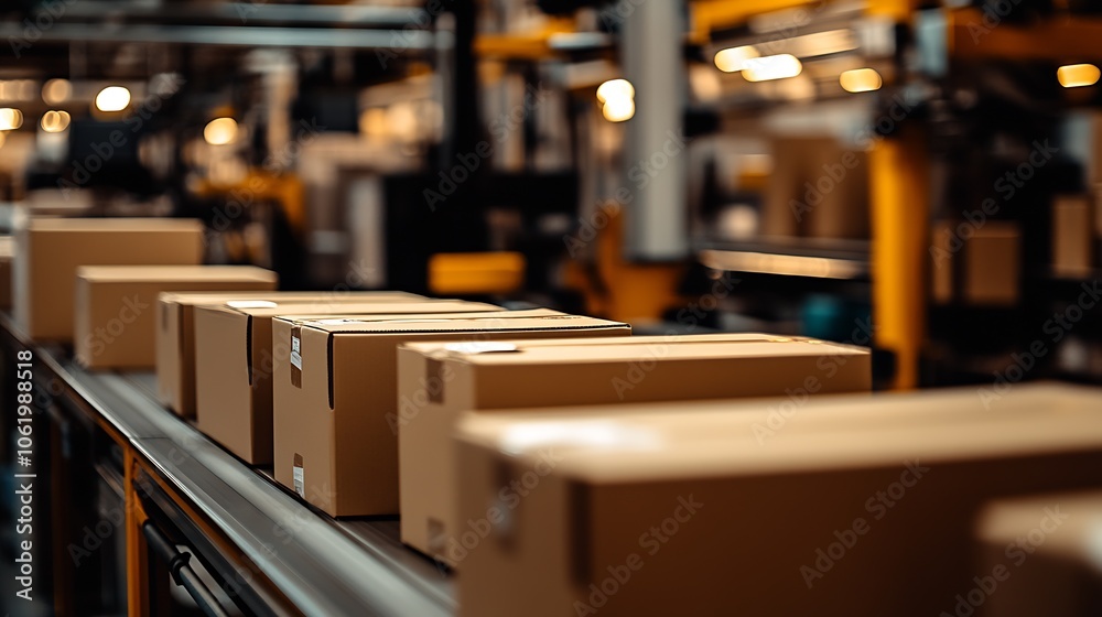 Fototapete seamless assembly line process in warehouse with boxes on conveyor for optimized shipping : generati