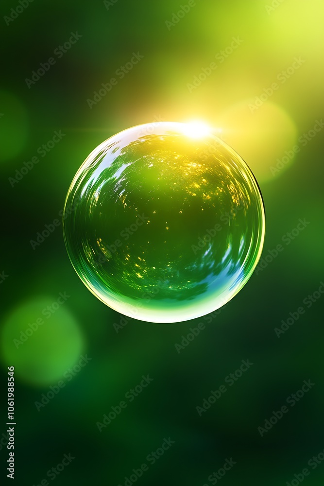 Aufkleber Illuminated Green Bubble Hovering in Nature with Brilliant Highlights and Fading Background Blur : Generative AI