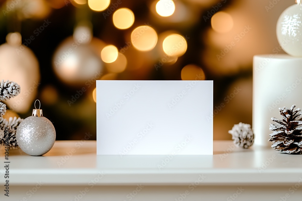 Poster minimalist christmas card setup with pinecones and glittering ornaments : generative ai