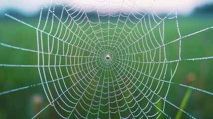 Obraz premium Macro of spider web with morning dew, natural light reflection, intricate patterns, glistening water droplets, fragile beauty