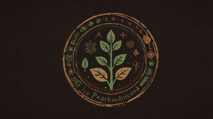 A circular design with a plant growing out of the center, surrounded by various symbols and text on a distressed dark brown background