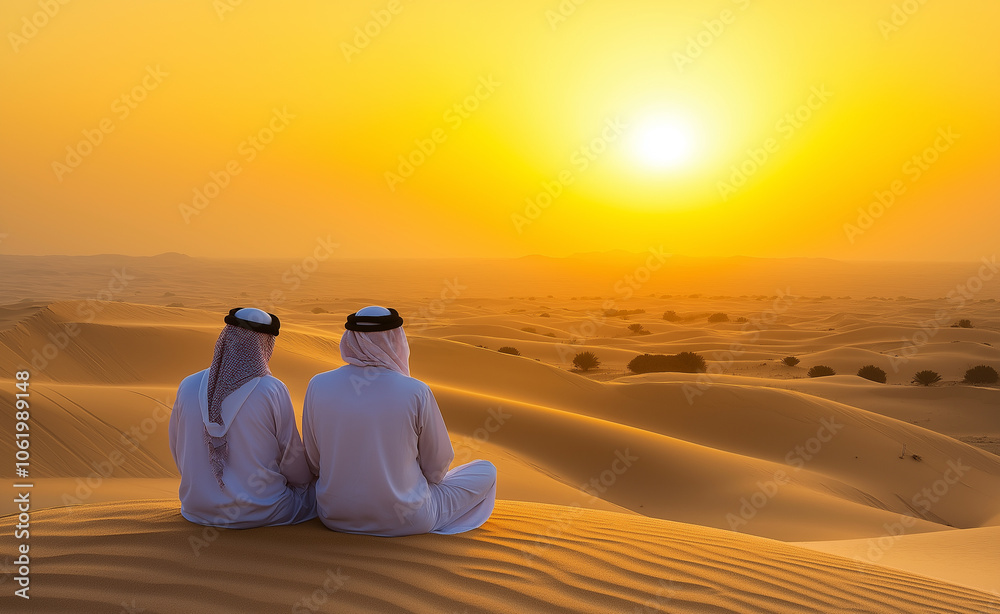 Wall mural Two men in traditional Middle Eastern attire sit on a sand dune, watching the sunset over a vast desert landscape.