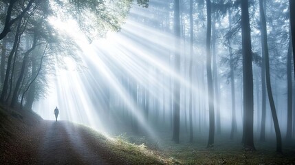 A person walking alone on a foggy forest path, with rays of light breaking through the trees, symbolizing the journey from darkness to hope