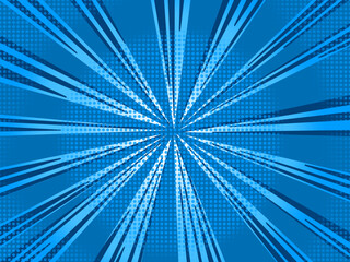 blue rays comic background with dot halftone.