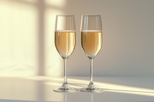 Two Champagne Glasses on a white Sunlit Table